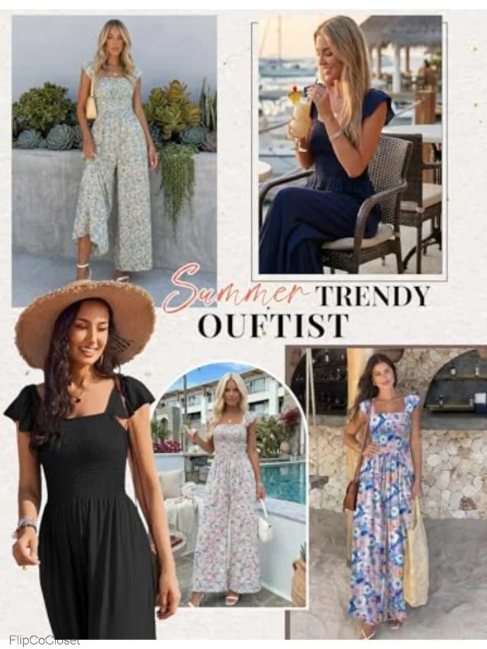 Women's Smocked Floral Boho Jumpsuit Wide Leg Summer Vacation Outfit
